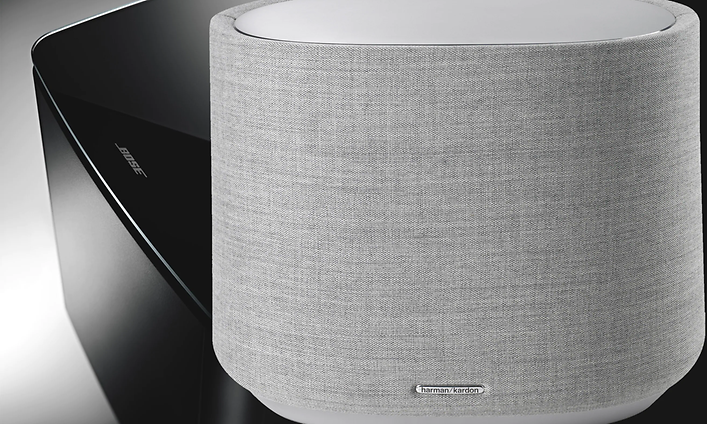 Musta Bose- ja harmaa Harman Kardon-kaiutin vierekkäin