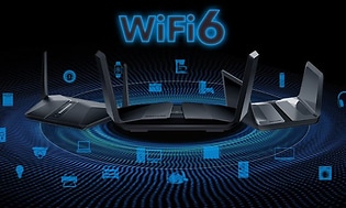 tumma wifi 6-kuvituskuva, jossa reititin, kannettava tietokone ja siniset kuvakkeet
