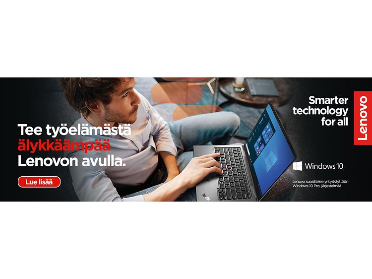 Mies istuu työskentelemässä Lenovo-kannettavalla. Kuvassa mainosteksti ja englanninkielinen teksti Smarter technology for all