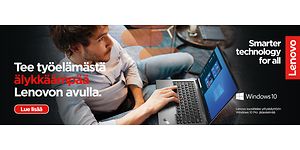 Mies istuu työskentelemässä Lenovo-kannettavalla. Kuvassa mainosteksti ja englanninkielinen teksti Smarter technology for all