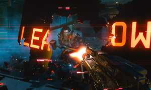 Kuvakaappaus Cyberpunk 2077 -pelistä, jossa hahmo ampuu vihollista