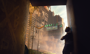 Kuvakaappaus Cyberpunk 2077 -pelistä, jossa miepuolinen hahmo Night Cityn kujalla