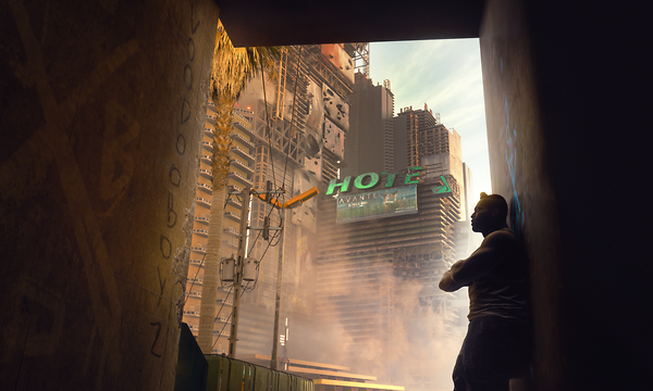 Kuvakaappaus Cyberpunk 2077 -pelistä, jossa miepuolinen hahmo Night Cityn kujalla