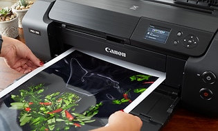 Canon Pixma-tulostin ja nainen joka pitelee tulostettua kuvaa