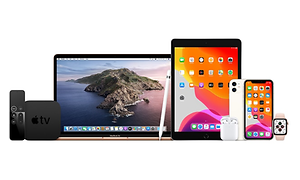Valikoima erilaisia Apple-tuotteita rinnakkain valkoisella taustalla