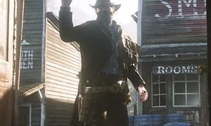 Red Dead Redemption 2 - mies ampuu asellaan saapuessaan salonkiin