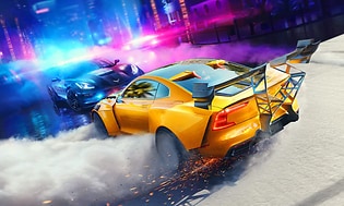 Need for Speed HEAT - musta-keltainen auto yöllä violetissa kaupunkimaisemassa