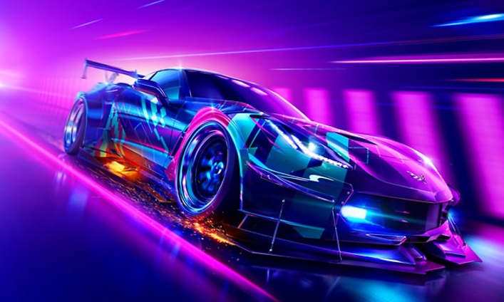 Need for Speed HEAT - musta auto violetilla taustalla