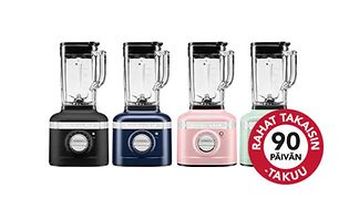 Neljä KitchenAid-tehosekoitinta eri väreissä sekä 90 päivän takuu -leima