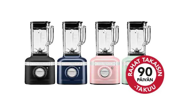 Neljä KitchenAid-tehosekoitinta eri väreissä sekä 90 päivän takuu -leima