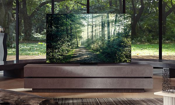 Neo QLED 8K -televisio olohuoneessa metsän edessä