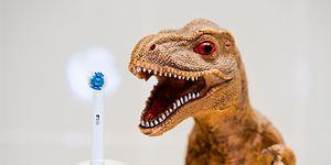 Sähköhammasharja ja dinosauruslelu