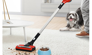 Mies imuroi matolta koiranruokaa koira vierellään Bosch Unlimited ProAnimal -imurilla