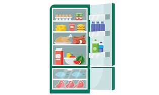 Kuvituskuva avonaisesta jääkaapista, jossa on ruokaa sisällä