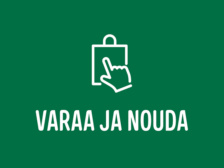 Valkoinen varaa ja nouda -teksti ja palvelun tunnus vihreällä taustalla