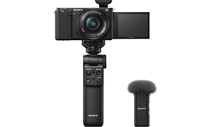 Sony ZV - Valokuvaus - Kamera pienellä jalustalla, jossa on mikrofoni