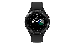 Musta Samsung Galaxy Watch 4 edestäpäin katsottuna.