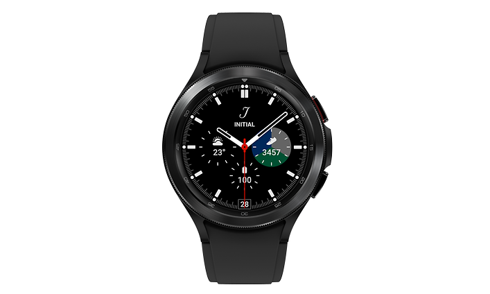 Musta Samsung Galaxy Watch 4 edestäpäin katsottuna.