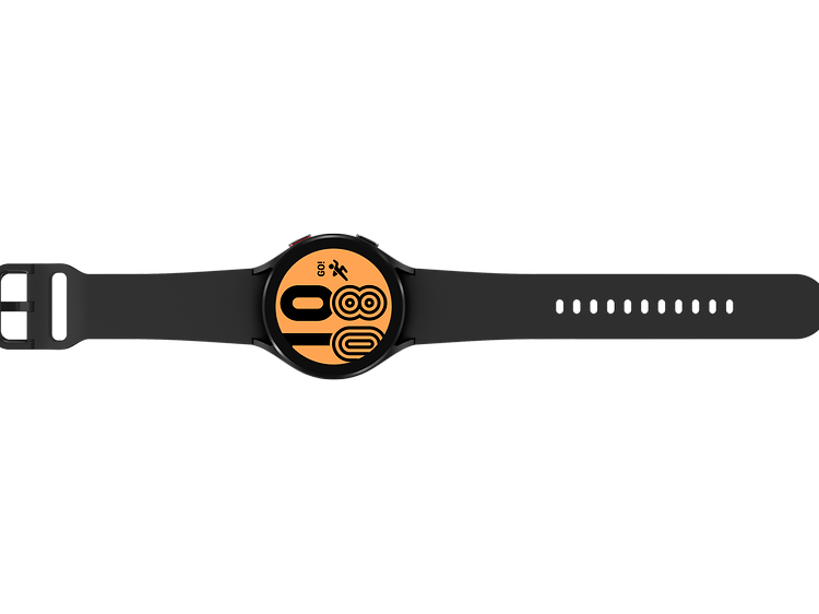 Musta Samsung Galaxy Watch 4 oranssilla kellotaululla.