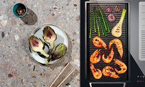 Plancha-grilli sekä lautasella grillattuja vihanneksia