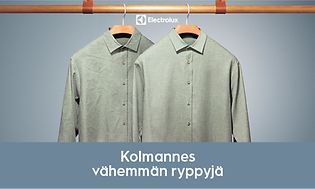 Kaksi vihreää kauluspaitaa hengsrissa ja tekstiä suomeksi