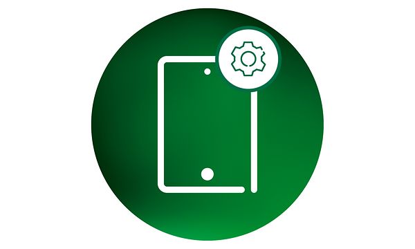 Tabletin huolenpitopalvelun kuvake, jossa tabletin valkoiset ääriviivat vihreällä taustalla