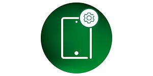 Tabletin huolenpitopalvelun kuvake, jossa tabletin valkoiset ääriviivat vihreällä taustalla