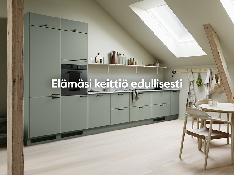 Vihreän sävyinen Epoq-keittiö ja teksti Elämäsi keittiö edullisesti