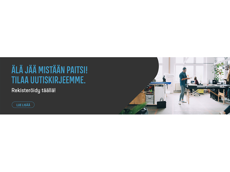 Ihmisiä toimistossa ja mainosteksti