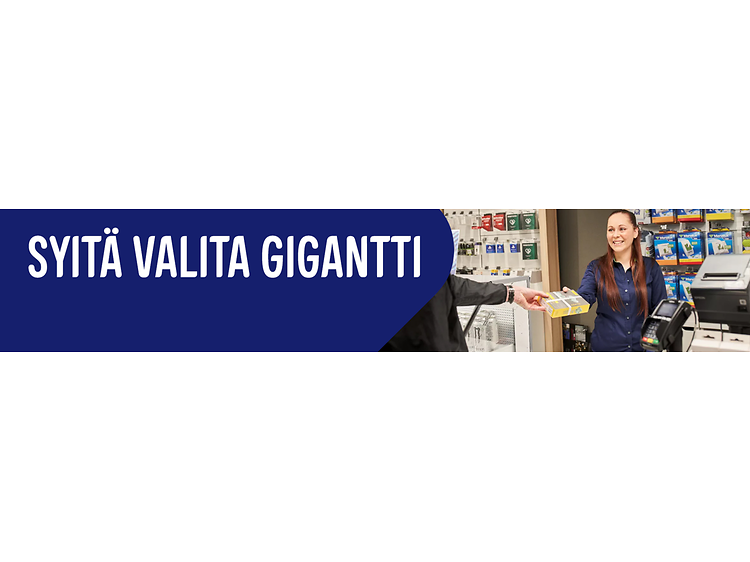 Syitä valita Gigantti -teksti sinisella pohjalla ja vieressä kuva Gigantin myyjästä, joka ojentaa tuotetta asiakkaalle