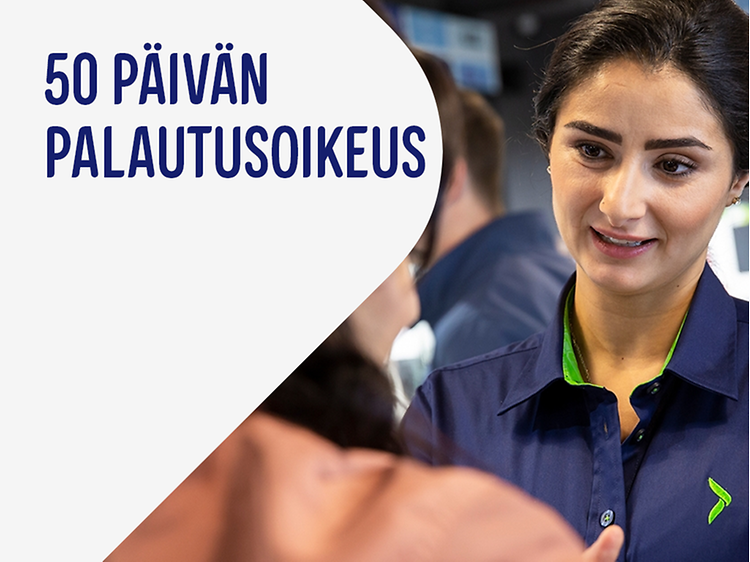 Mainoskuva jossa teksti 50 päivän palautusoikeus ja kuva Gigantin naispuolisesta myyjästä