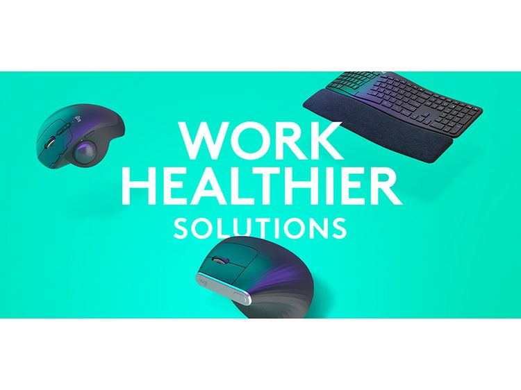 Näppäimistö ja hiiri vihreällä taustalla sekä teksti "Work healthier solutions"