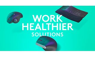 Näppäimistö ja hiiri vihreällä taustalla sekä teksti "Work healthier solutions"
