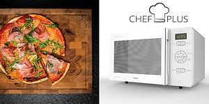 Oikealla Whirlpool Chef Plus mikroaaltouuni ja vasemmalla pizza leikkuulaudalla.