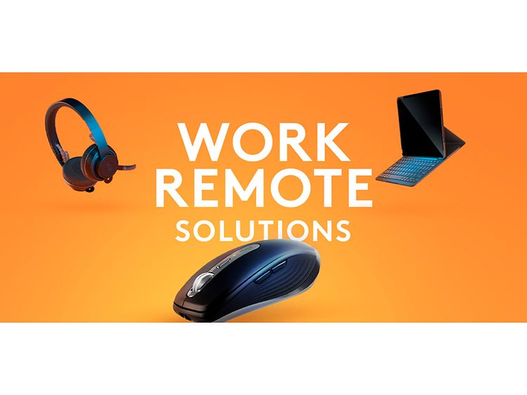 Kuulokkeet, hiiri ja tablet pidikkeellä oranssilla taustalla sekä tekstillä "Work Remote Solutions"