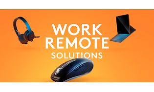 Kuulokkeet, hiiri ja tablet pidikkeellä oranssilla taustalla sekä tekstillä "Work Remote Solutions"