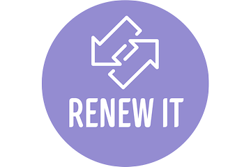 Pyöreä Renew It -palvelun logo, jossa kaksi valkoista nuolta vihreällä liilan värisellä taustalla