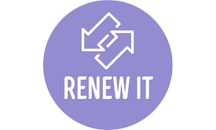 Pyöreä Renew It -palvelun logo, jossa kaksi valkoista nuolta vihreällä liilan värisellä taustalla