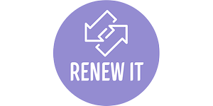 Pyöreä Renew It -palvelun logo, jossa kaksi valkoista nuolta vihreällä liilan värisellä taustalla