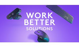 Tietokoneen hiiri, webkamera ja näppäimistö violetilla taustalla sekä teksti "Work better solutions"