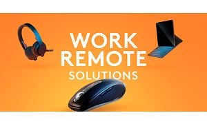 Hiiri, kuulokkeet ja kannettava tietokone pidikkeellä oranssilla taustalla sekä teksti "Work Remote Solutions"
