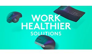 Hiiri ja näppäimistö vihreällä taustalla sekä teksti "Work healthier solutions"