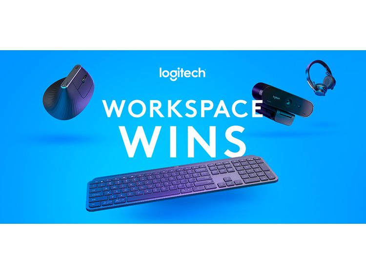 Hiiri, kuulokkeet ja näppäimistö sinisellä taustalla sekä teksti "Logitech Workspace Wins"