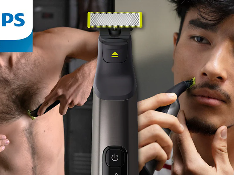 2-i-1-kuva mies ajaa rintakarvoja ja toinen mies ajaa partaansa, sekä kuva Philips OneBlade Prosta keskellä