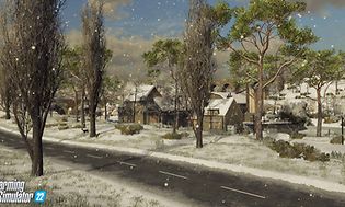 Kuvakaappaus Farming Simulator 22 -pelistä, jossa taloja talvisessa maisemassa