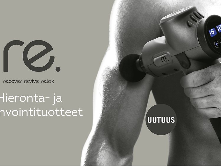 Mies käyttää hierontavasaraa. Teksti: re. recover, revive, relax. Hieronta- ja hyvinvointituotteet.