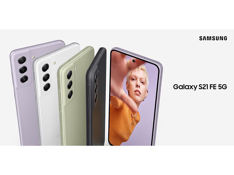 Samsung Galaxy S21 FE -älypuhelin eri väreissä ja Samsung-logo