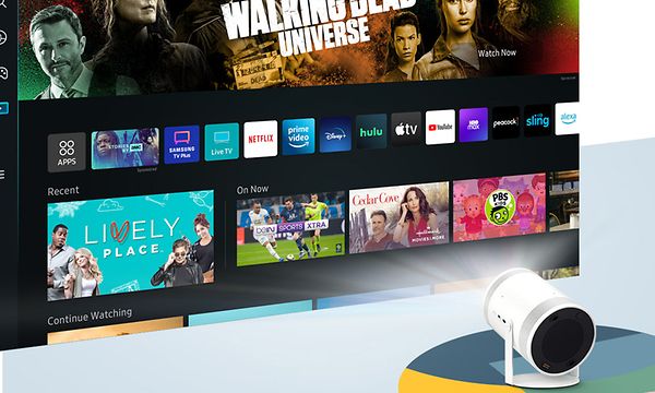 Samsung The Freestyle -projektori projisoi Smart-TV-valikkoa seinälle