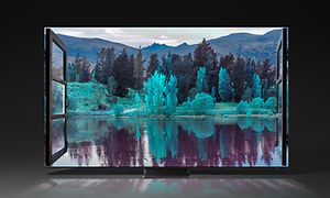 Samsung-TV-QN800A- Näytöllä järvimaisema nähtynä ikkunasta käsin