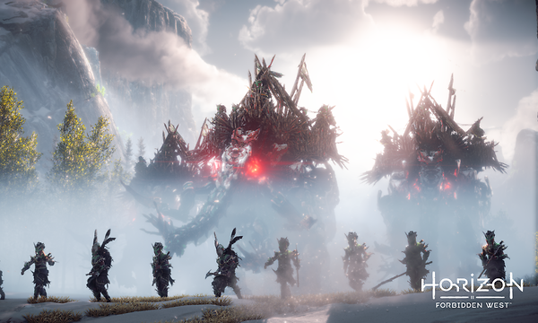 Kuvakaappaus pelistä Horizon Forbidden West, jossa metsästäjät pyydystävät futuristisia mammutteja